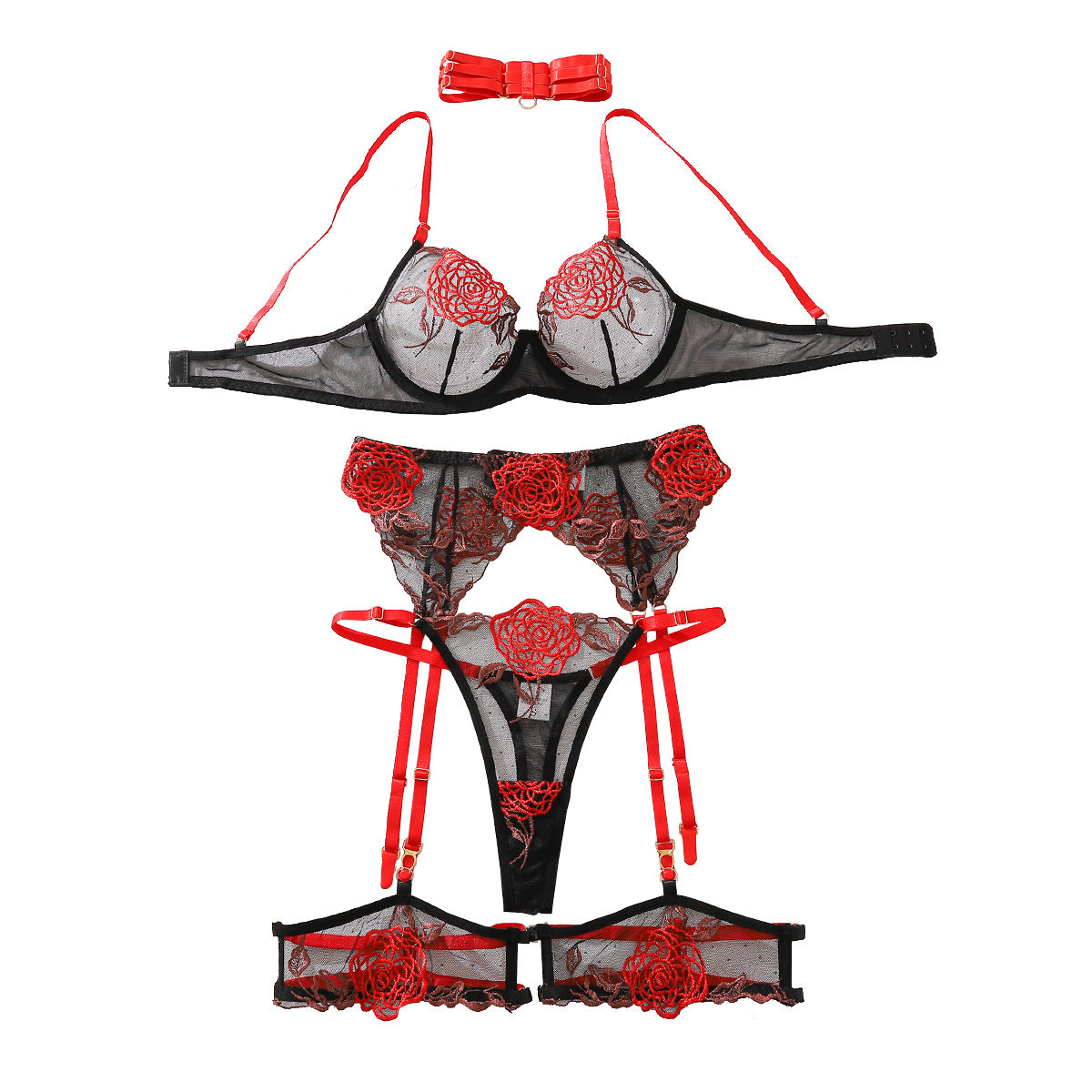 Color blocking rose embroidery splicing perspective mesh gathering low cut sexy lingerie five piece set for women
