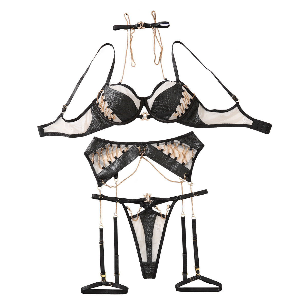 Metal Chain Motorcycle Painted Leather Clothing Sexy Underwear Splicing Complex Craftsmanship Charm Six piece Set